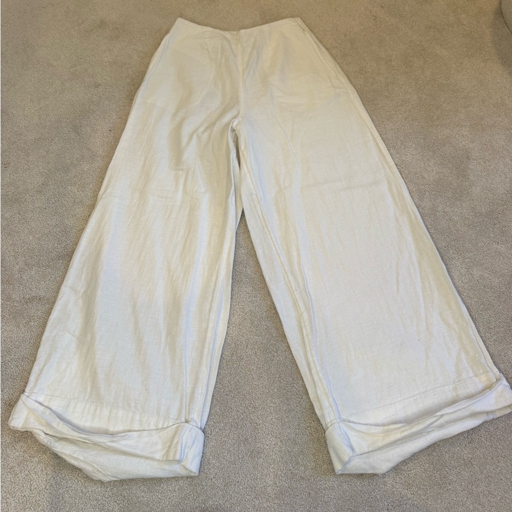 Roxy Wide Leg Linen-Blend Pants in Off-White